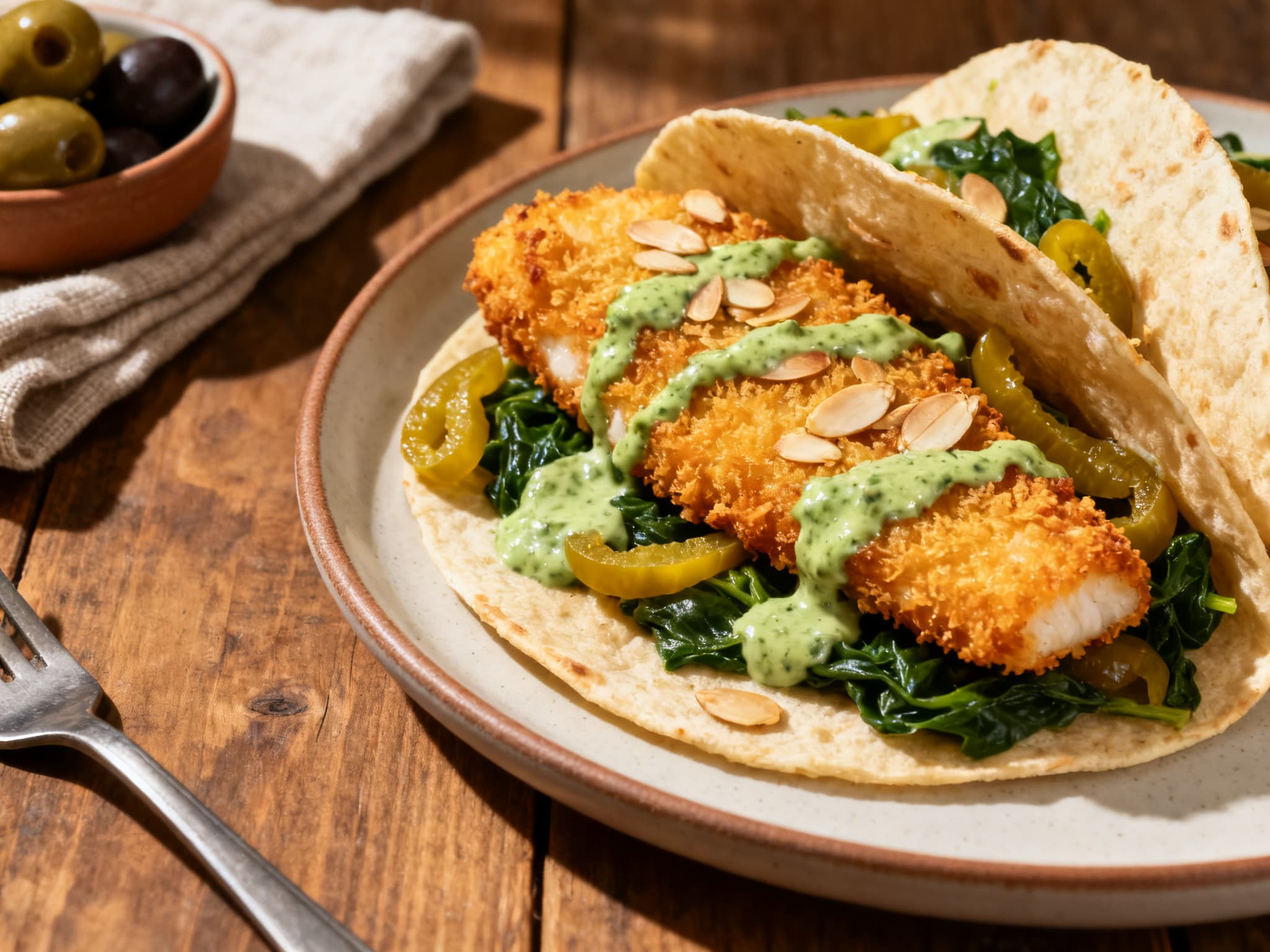 Almond-Crusted Tilapia Tacos with Spinach-Green Crema