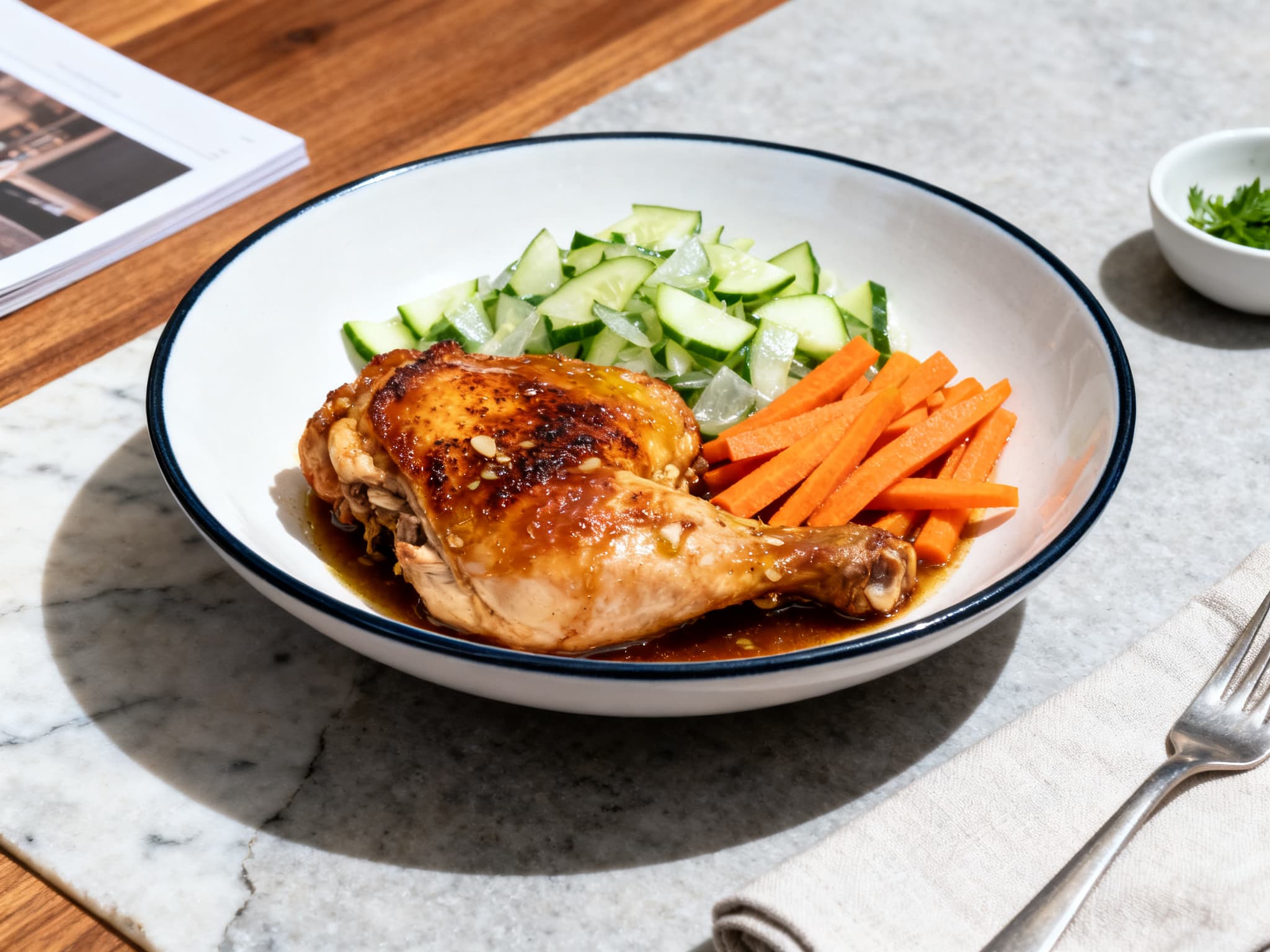 Honey Garlic Braised Chicken with Bias-Cut Carrots and Macerated Cucumber Salad