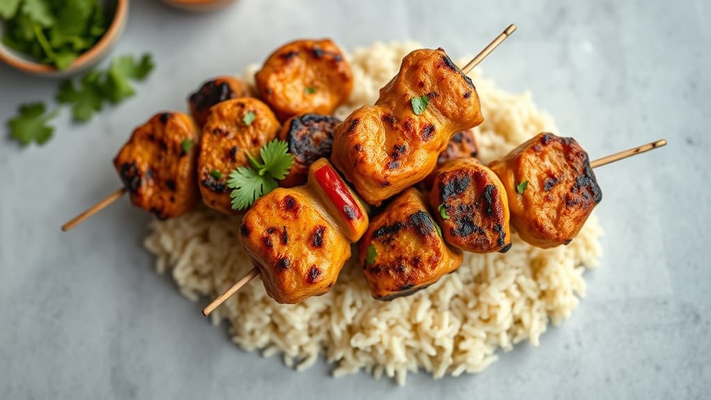 Grilled Indian-Spiced Chicken Skewers with Basmati Rice
